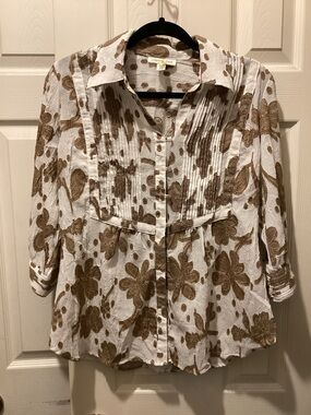 Coldwater Creek White Button-Front Blouse with Brown Floral Print